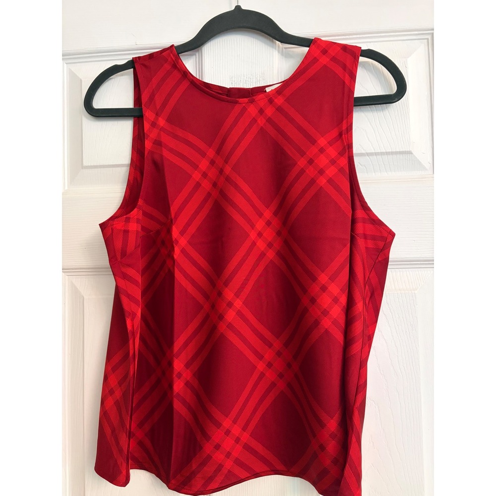J. Crew Plaid Shell Blouse M Red, Holiday, Office,‎ Satin, Tartan, Preppy, Chic